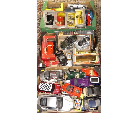 Three trays of boxed and loose larger scale modern issue diecast to include Burago , Ferrari 641, Motor Max Mercedes Benz SLR