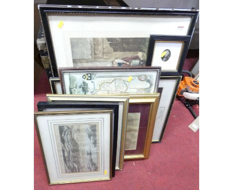 Assorted pictures and prints, to include topographical views, hand-coloured engraving of Bath, reproduction map of Norfolk, p