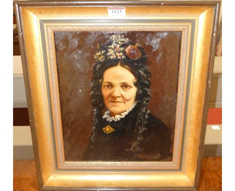 19th century English school - Bust portrait of an elderly woman with flowers in her hair, oil on canvas (heavily varnished), 