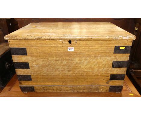 A 19th century scramble finish pine and iron bound hinge top tool chest, width 68cm