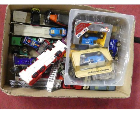 A Tray containing loose and playworn diecast to include Matchbox 1912 Ford Model T, Tomica Aerial Ladder Fire Truck etc