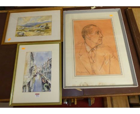 J.R. Peters - Canal in Dursoduro - Venice, watercolour; G. Ganty - Crofter's cottages, watercolour; and H.A. Freeth(?) - Port