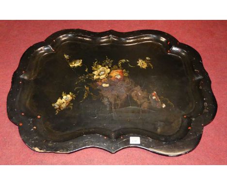 A Victorian papier mache floral painted mother of pearl inlaid lobed drinks tray, width 77cm
