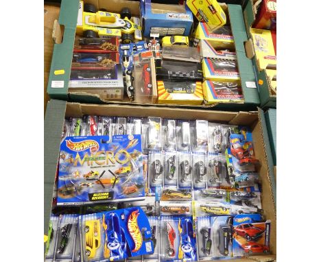 Two trays containing mostly boxed modern issue diecast to include Hot Wheels custom Ford Maverick, Matchbox 1932 Bugatti type