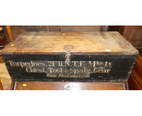 An early 20th century painted, stained pine and further metal bound hinge top tool chest, inscribed to front, width 89cm
