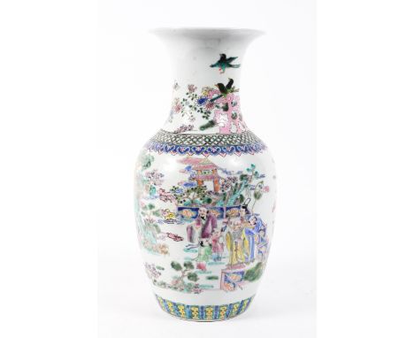 A large Chinese baluster vase decorated with Chinese immortals and chidren in a garden beneath pink taihu rocks and a ruyi-he