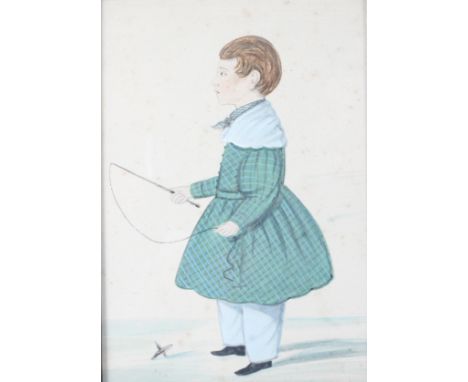 A Georgian portrait of a boy with a spinning wheel, gouache, watercolour and pencil,  in a walnut frame. unsigned 16 cm x 21 