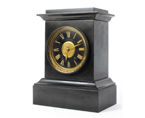 A late 19th century eight day slate mantle clock, inscribed 'Hamilton Inches' to the gilt framed dial, with gilt central scon