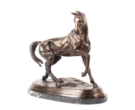 A large bronze sculpture of a horse, 20th century, standing with its front right leg raised, on an oval black marbled base, 4