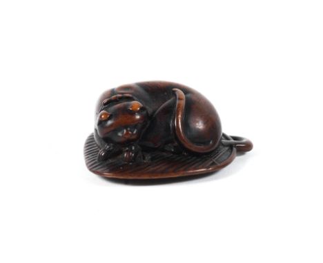 A 19th wood netsuke of a cat curled up on a fan, length 4.9cm Condition Report: In good order overall. Some minor wear to sur