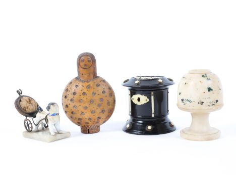 A 19th Century alabaster view finder, showing a picture of the Thames Tunnel, a carved seed pod, a 19th Century ebony and bon