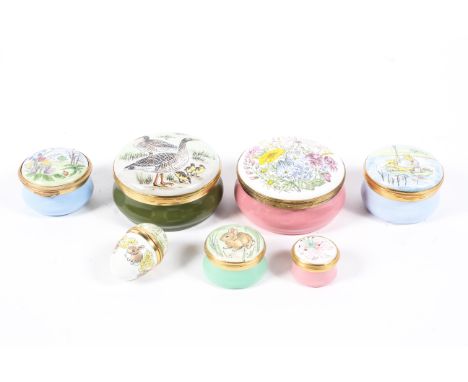 Seven assorted Crummles gilt-metal mounted enamelled trunket or pill boxes, including example decorated with Jeremy Fisher, a