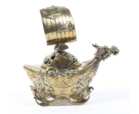 Chinese gilt-bronze ship-shaped pot and cover, the pierced domed cover surmounted with a sail, the spout cast as a dragon, 16