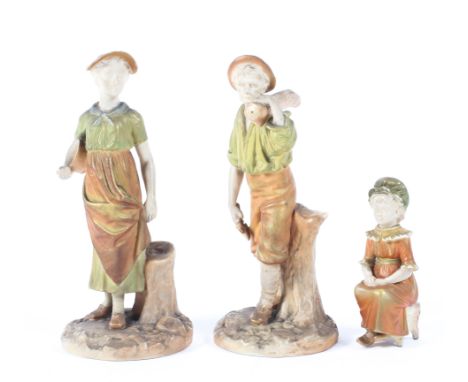 Three late 19th century Royal Worcester figures, comprising: a pair of woodsman and companion, each with Rd No 242280, model 