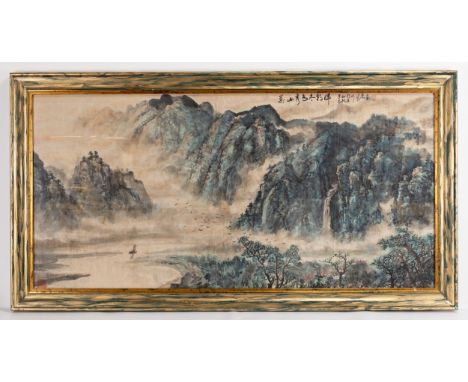 A LARGE FRAMED CHINESE WATERCOLOUR PAINTING ON PAPER, DATED 1941. Spring landscape scene featuring a boat in the Zhujiang riv