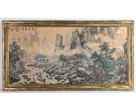 A LARGE FRAMED CHINESE WATERCOLOUR PAINTING ON PAPER, DATED 1941. Winter landscape scene with the Zhujiang river and mountain