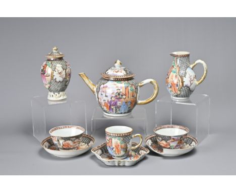 A PART CHINESE FAMILLE ROSE EXPORT PORCELAIN TEA SERVICE, QIANLONG PERIOD, 18TH CENTURY. To include a teapot, tea caddy, milk