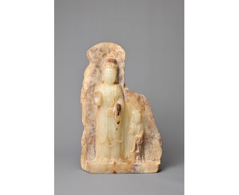 A CHINESE JADE STONE BUDDHIST PART VOTIVE STELE, QI STYLE. Depicting two standing Buddhas dressed in robes. 23cm tall x 14cm 