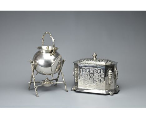 TWO SILVER PLATED ITEMS, 20TH CENTURY. To include a teapot with burner stand with wood form legs and handle; Together with a 