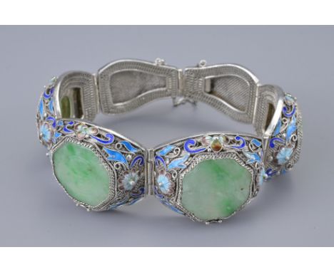 A CHINESE ENAMELLED SILVER FILIGREE JADE BRACELET, 20TH CENTURY. Six panels with four carved jade inserts carved with auspici