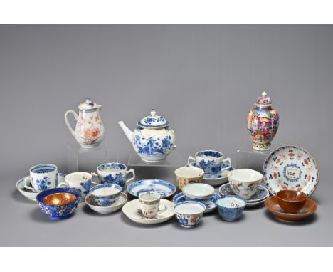 A QUANTITY OF MAINLY CHINESE PORCELAIN ITEMS, 18/19TH CENTURY. A mixed group of cups, saucers, tea caddy, milk jug and teapot