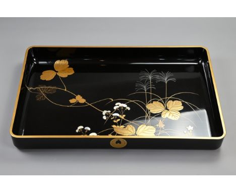 A LARGE EARLY 20TH CENTURY JAPANESE BLACK LACQUER RECTANGULAR KIMONO  PRESENTATION TRAY IN ORIGINAL BOX. Decorated with the S