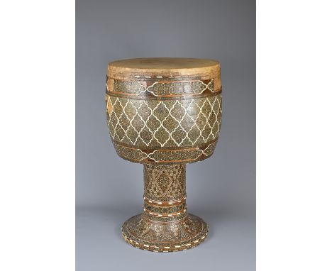 A LATE 19TH CENTURY PERSIAN GOBLET-SHAPED KHATAM KARI MARQUETRY TOMBAK. The drum inlaid with bone, mother-of-pearl, brass and