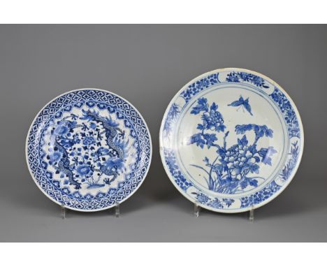 TWO CHINESE BLUE AND WHITE PORCELAIN DISHES, 19TH CENTURY. To include a dragon dish with Yu (jade) mark to base. Together wit