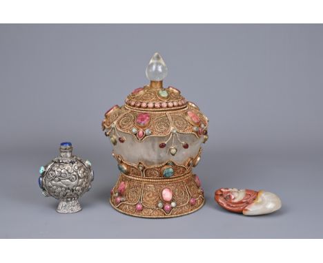 A GROUP OF TIBETAN CHINESE ITEMS. To include a Tibetan rock crystal box and cover decorated with filigree work and stone inse