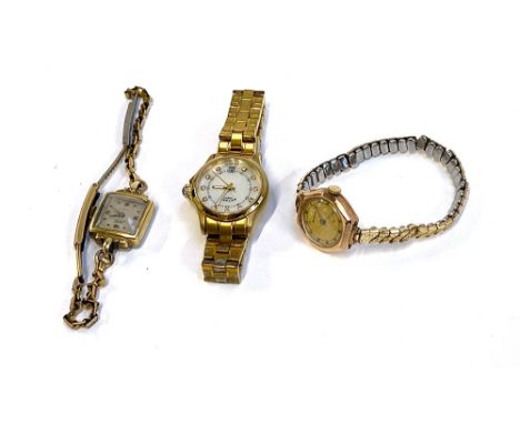 A 9ct gold cased cocktail Audax cocktail watch with gilt metal strap; a Ramex 17 jewels cocktail watch and a Rotary watch wit