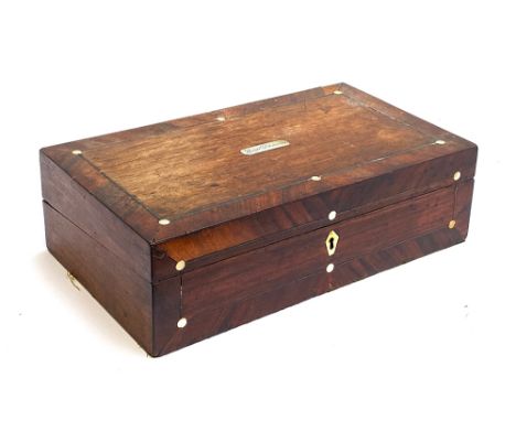 A 19th century writing box, mother of pearl plaque engraved 'Gage D'amour', with red leather interior, 40.5cmW 