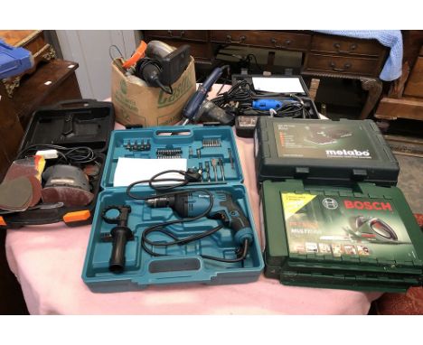 A quantity of tools to include some cased power tools, Flamethrower, Bosch etc 