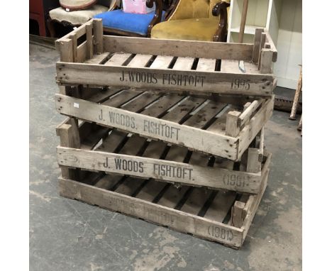 Four vintage slatted apple crates, each stamped J. Woods Fishtoft 1995, 76cmW 