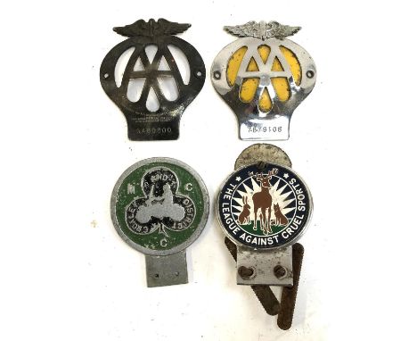 Four car badges comprising the league against cruel sports; Croxley and district motorcycle club, and AA (5A80800 and 7B79108