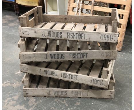Four vintage slatted apple crates, each stamped J. Woods Fishtoft 1995, 76cmW 