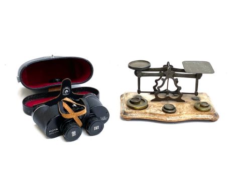 A set of antique postage scales, with weights; together with a pair of vintage Hoya 7x35 binoculars in hard case 