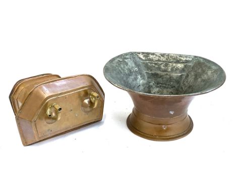A large copper basin, 49cmW, together with a wall hung copper samavar/boiler, 53cmL 