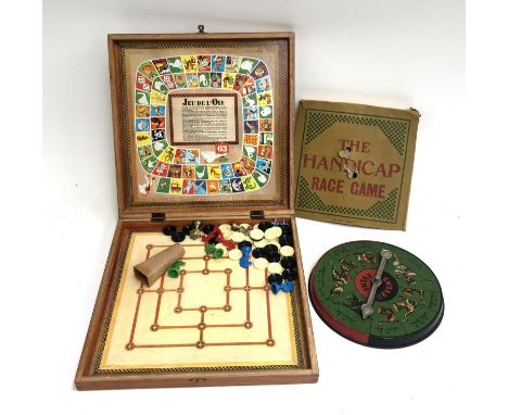 The Handicap Race Game with tin plate spinner, in box doubling as playing board (box af), together with a Jeu de l'oie board 