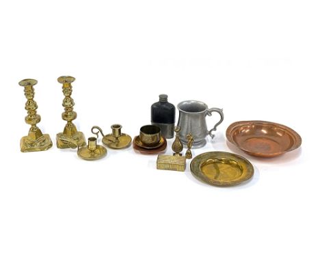 A mixed lot of metal items to include brass snuff box, a pair of ejector candlesticks, hip flask, Arabic copper dish with sta