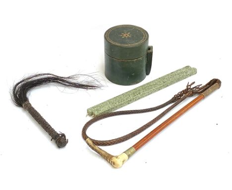 A gents hunting whip, with leather lash and thong, two sticks of sealing wax, a green morocco and gilt tooled string box, by 