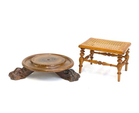 A miniature turned wood stool with caned seat, 27.5cmW; together with a pole firescreen footed base 