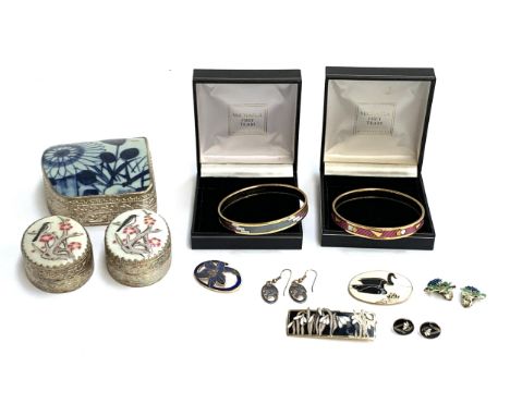 Two Michaela Frey bangles in original boxes; together with a small quantity of enamel earrings and brooches; and three white 
