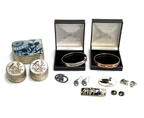 Two Michaela Frey bangles in original boxes; together with a small quantity of enamel earrings and brooches; and three white 