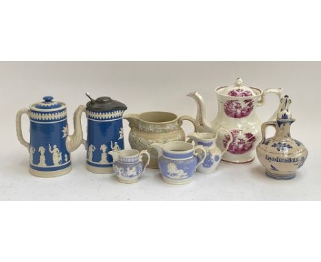 A 19th century Wedgwood glazed jasperware coffee pot and pitcher; Delft ewer reading 'Erven Lucas Bols' etc 