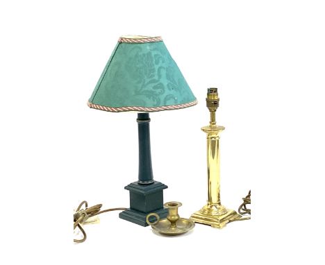 A green painted table lamp with square plinth base, 43cmH; a gilt metal table lamp and a candlestick 