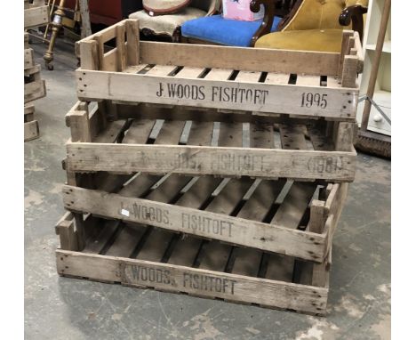 Four vintage slatted apple crates, each stamped J. Woods Fishtoft 1995, 76cmW 