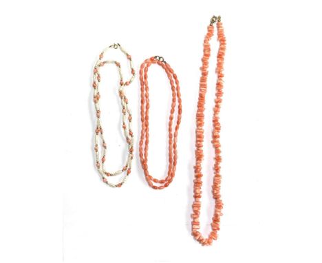 A 9ct gold bead, coral bead and baroque pearl necklace, fastening with a 9ct gold bolt clasp, 63cmL unclasped; together with 