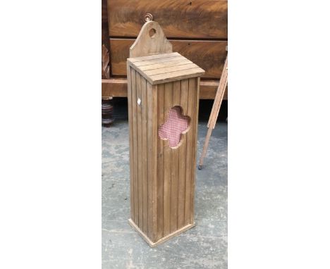 A vintage pine French baguette storage box, with hinged lid and quatrefoil cutout, 88cmH 