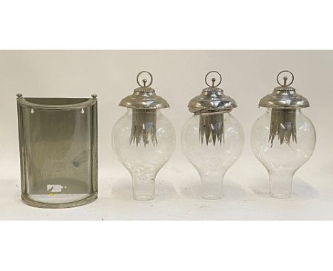 Three glass hanging lanterns (af, one sconce missing), together with a glass and chrome wall light with curved glass 