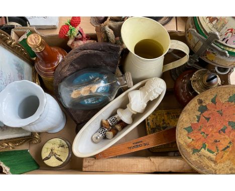 A mixed lot to include vintage sheepskin flying cap, ceramic bells whisky bottle, enamel jug, various vintage tins, bust of M